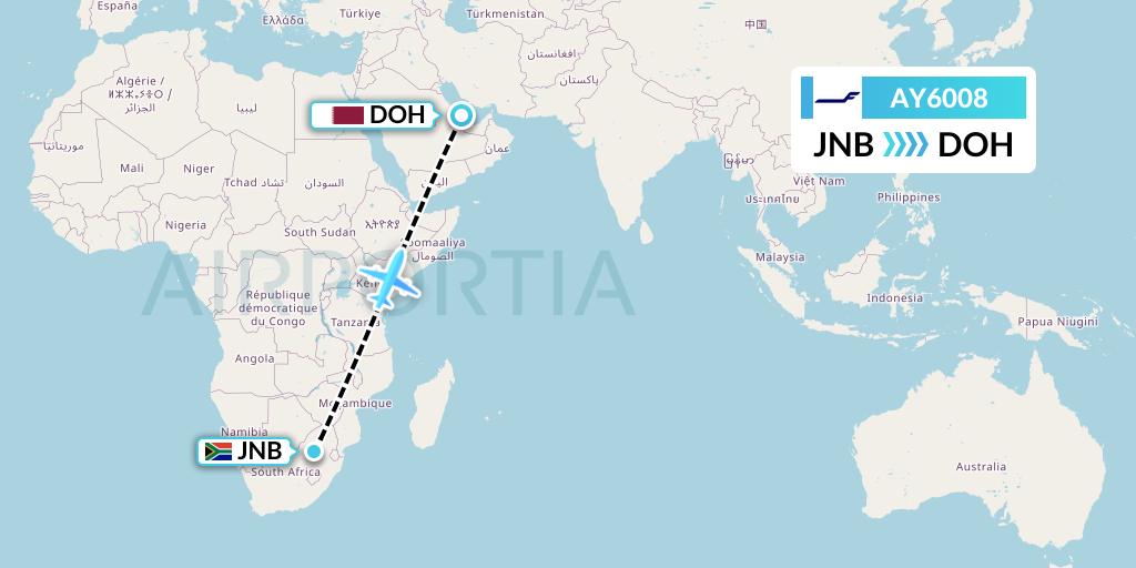 AY6008 Finnair Flight Map: Johannesburg to Doha