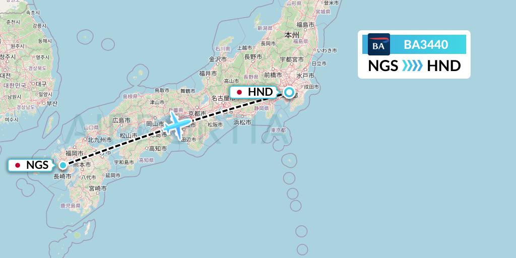 BA3440 British Airways Flight Map: Nagasaki to Tokyo