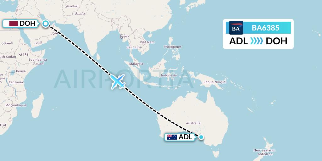 BA6385 British Airways Flight Map: Adelaide to Doha