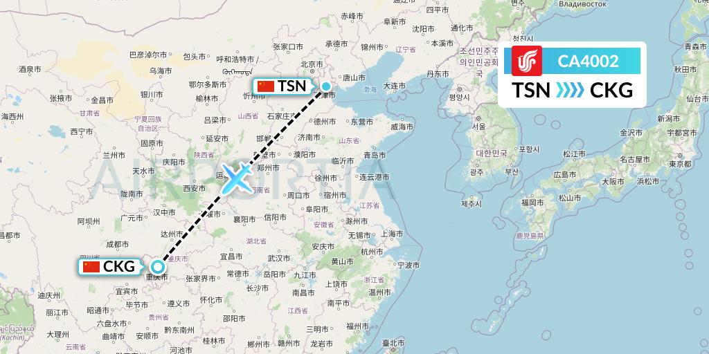CA4002 Air China Flight Map: Tianjin to Chongqing