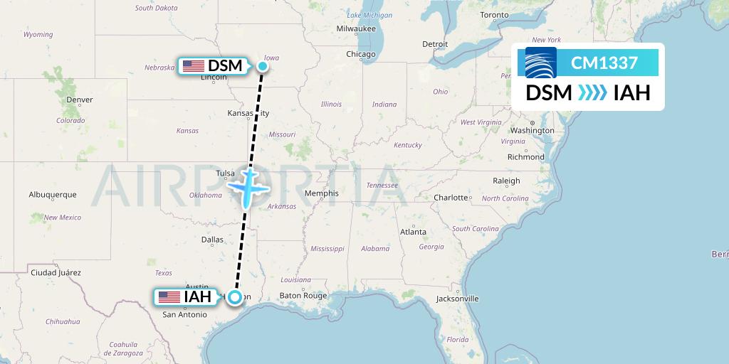 CM1337 Copa Airlines Flight Map: Des Moines to Houston