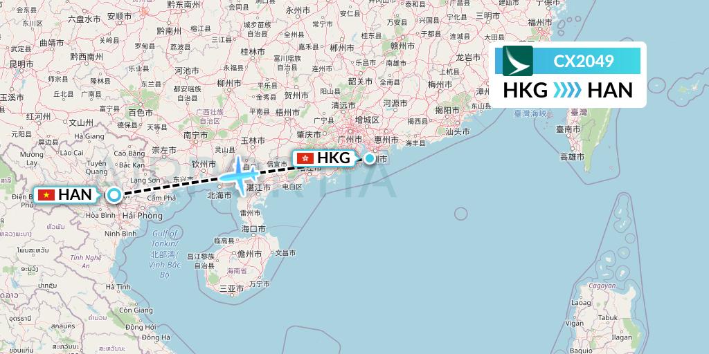 CX2049 Cathay Pacific Flight Map: Hong Kong to Hanoi
