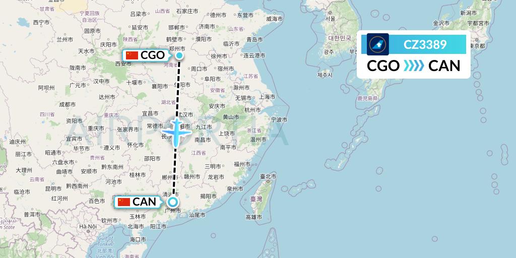 CZ3389 China Southern Airlines Flight Map: Zhengzhou to Guangzhou