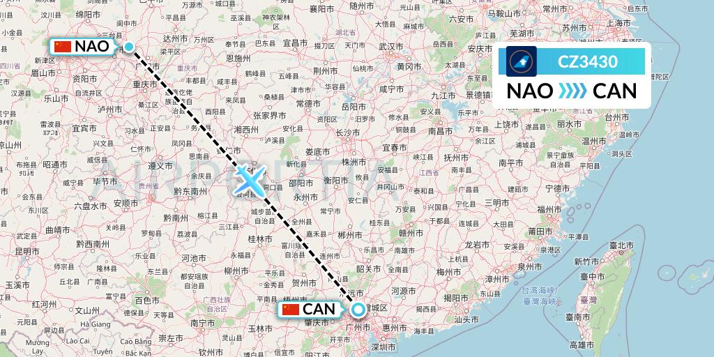 CZ3430 China Southern Airlines Flight Map: Nanchong to Guangzhou