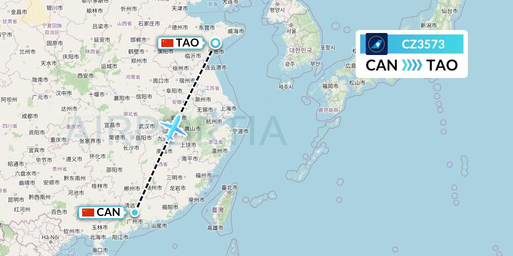 CZ3573 China Southern Airlines Flight Map: Guangzhou to Qingdao