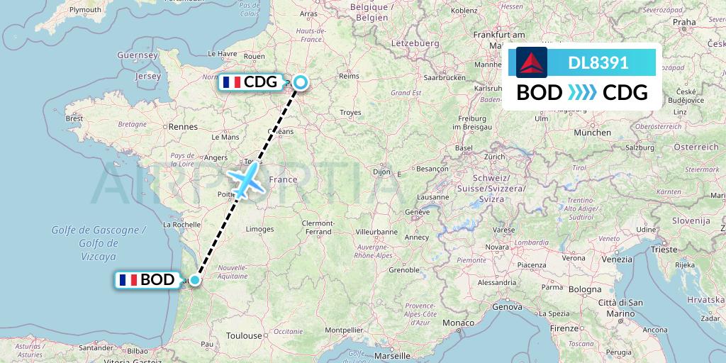 DL8391 Delta Air Lines Flight Map: Bordeaux to Paris