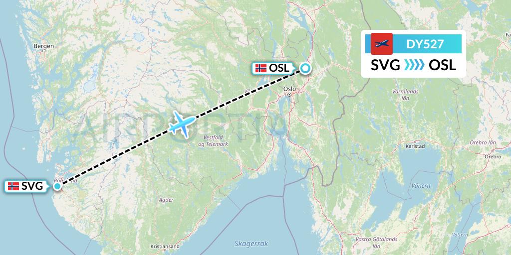DY527 Norwegian Flight Map: Stavanger to Oslo