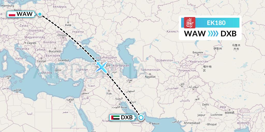 EK180 Emirates Flight Map: Warsaw to Dubai