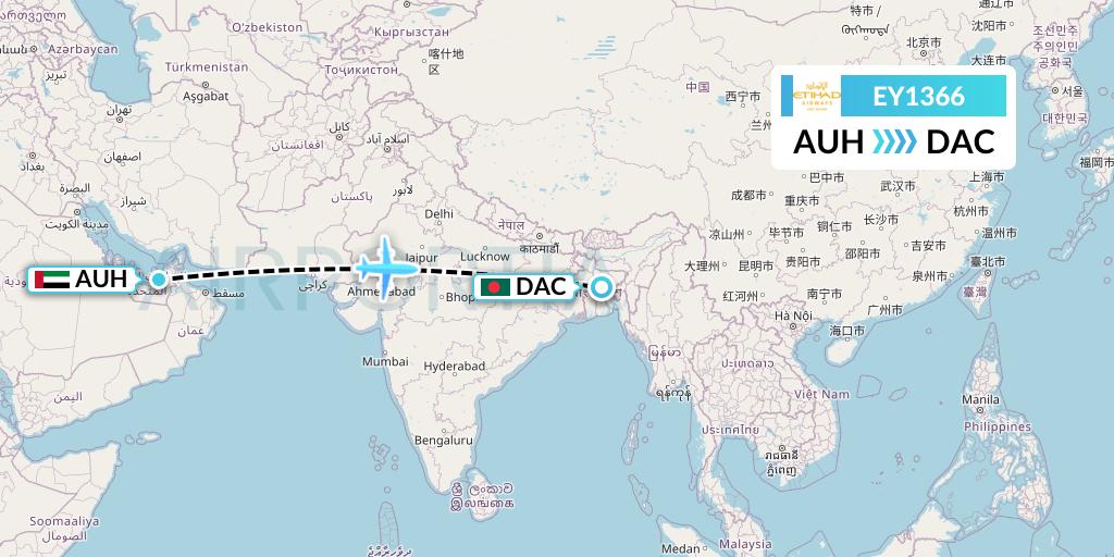 EY1366 Etihad Airways Flight Map: Abu Dhabi to Dhaka