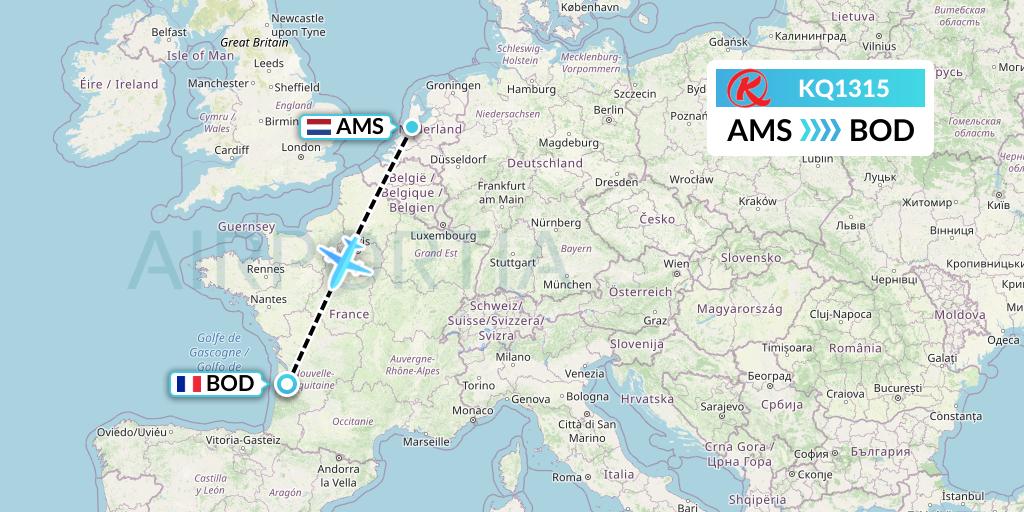 KQ1315 Kenya Airways Flight Map: Amsterdam to Bordeaux