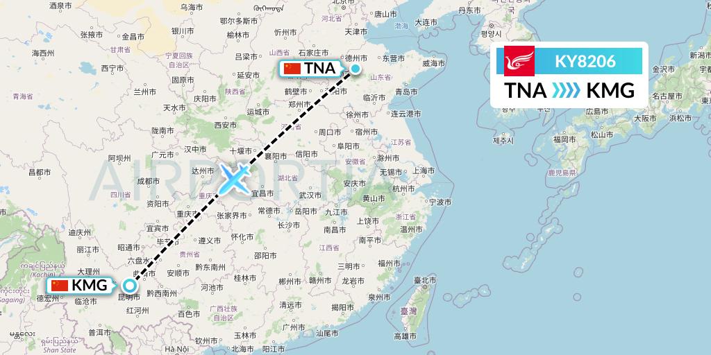 KY8206 Kunming Airlines Flight Map: Jinan to Kunming
