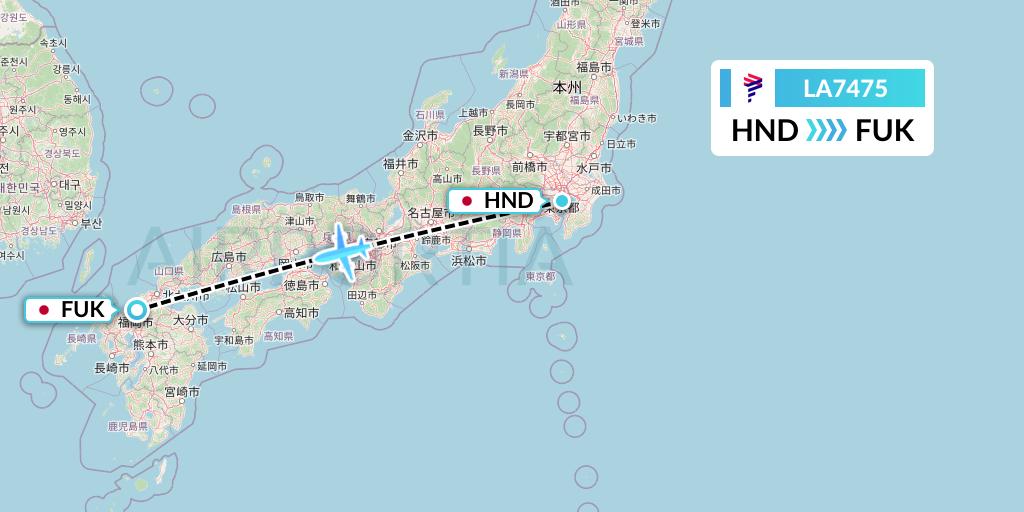LA7475 LAN Airlines Flight Map: Tokyo to Fukuoka