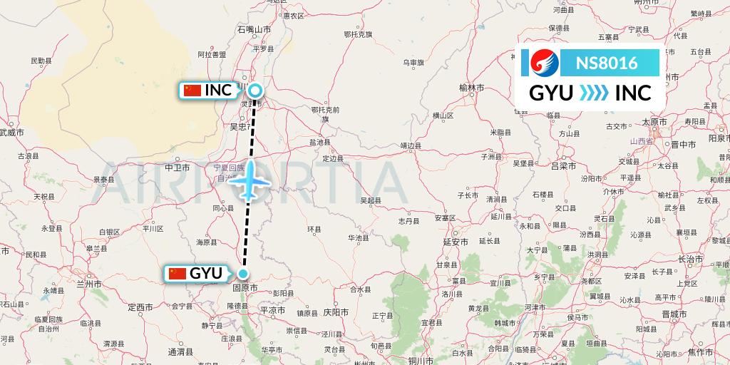 NS8016 Hebei Airlines Flight Map: Guyuan to Yinchuan