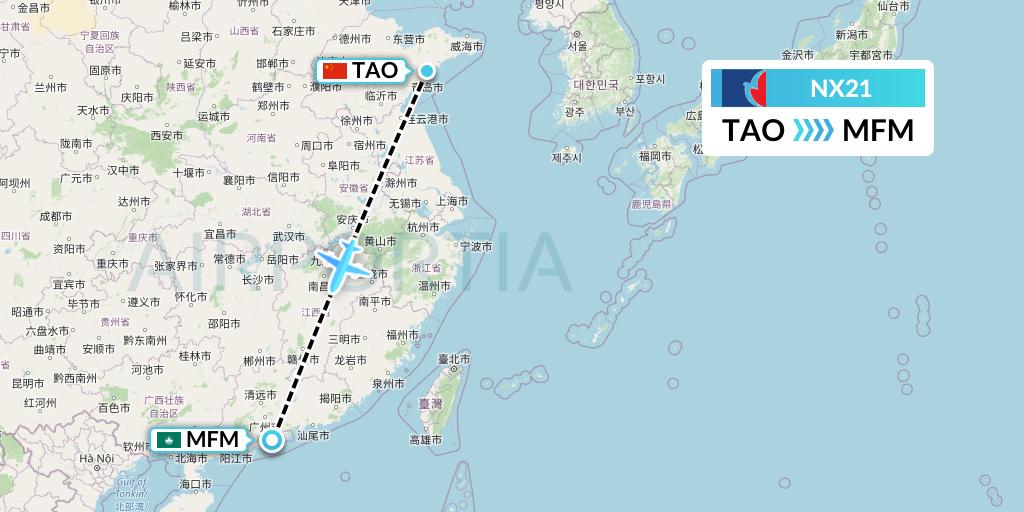 NX21 Air Macau Flight Map: Qingdao to Macau