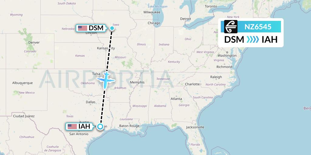 NZ6545 Air New Zealand Flight Map: Des Moines to Houston