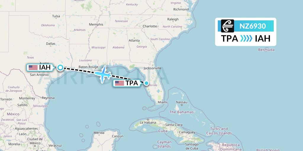 NZ6930 Air New Zealand Flight Map: Tampa to Houston