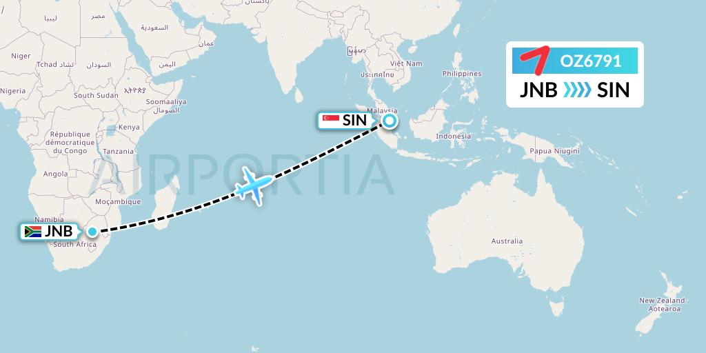 OZ6791 Asiana Airlines Flight Map: Johannesburg to Singapore