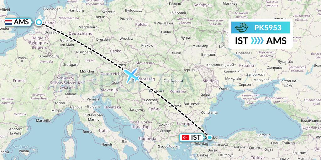 PK5953 Pakistan International Airlines Flight Map: Istanbul to Amsterdam