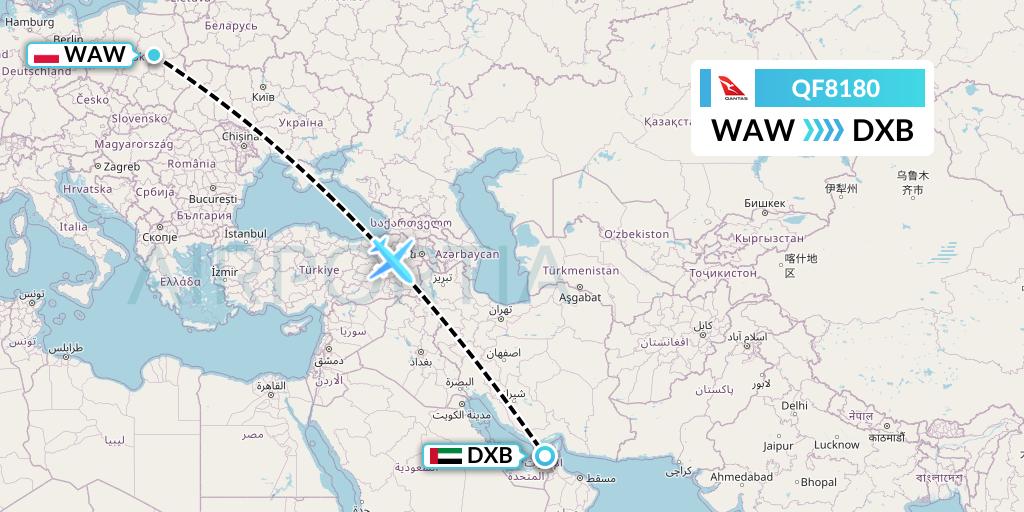QF8180 Qantas Flight Map: Warsaw to Dubai
