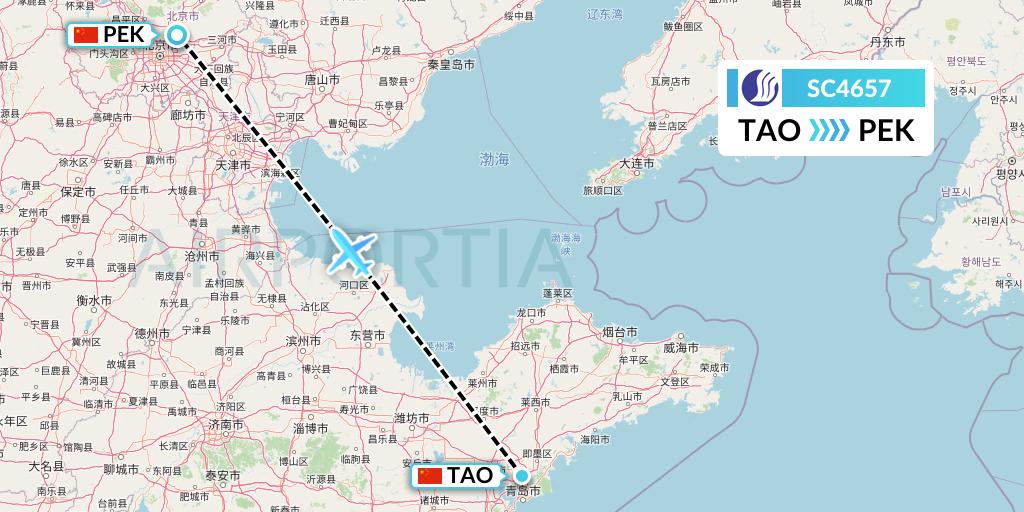 SC4657 Shandong Airlines Flight Map: Qingdao to Beijing
