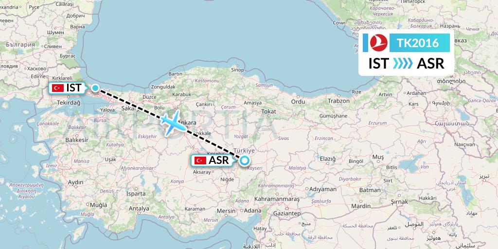 TK2016 Turkish Airlines Flight Map: Istanbul to Kayseri
