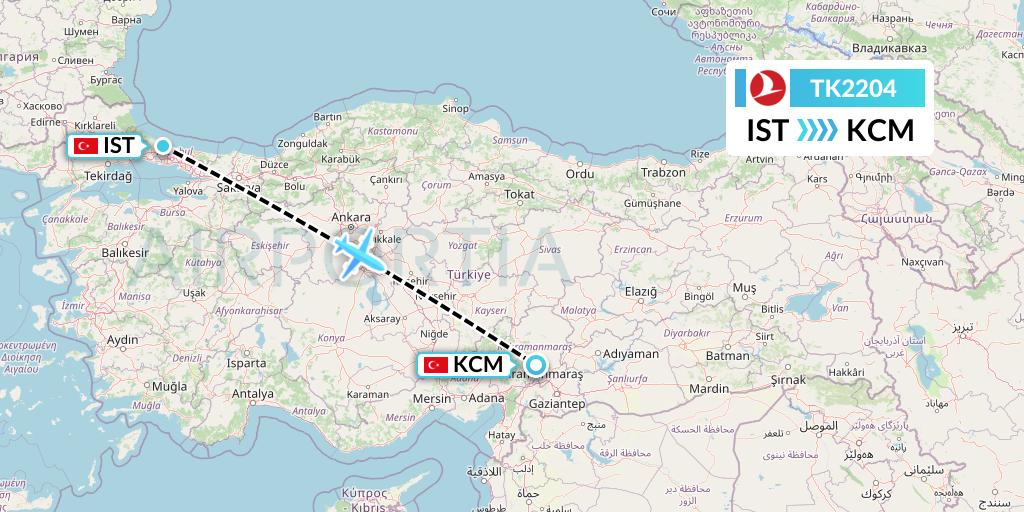 TK2204 Turkish Airlines Flight Map: Istanbul to Kahramanmaras