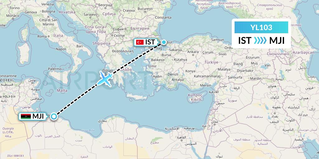 YL103 Libyan Wings Flight Map: Istanbul to Tripoli