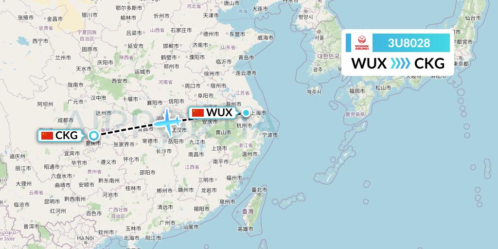 3U8028 Sichuan Airlines Flight Map: Wuxi to Chongqing