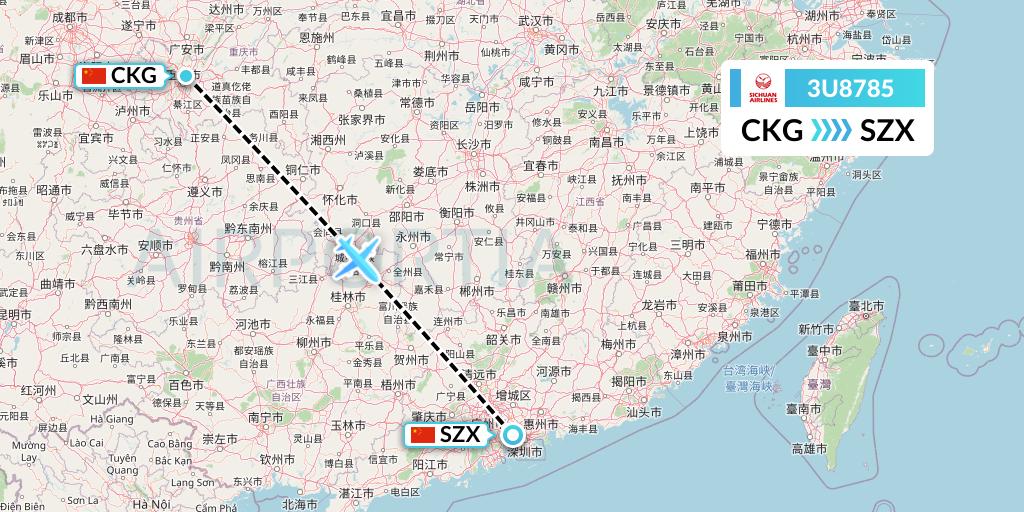 3U8785 Sichuan Airlines Flight Map: Chongqing to Shenzhen