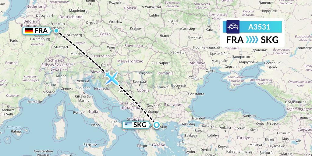 A3531 Aegean Airlines Flight Map: Frankfurt to Thessaloniki