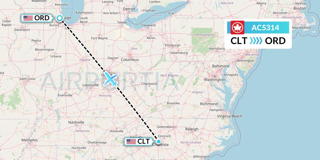 AC5314 Air Canada Flight Map: Charlotte to Chicago
