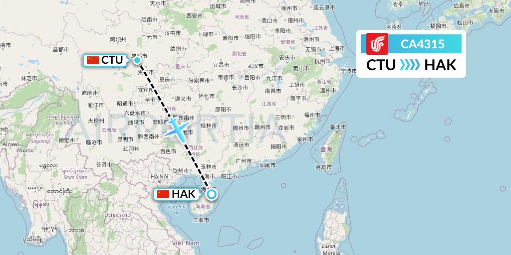 CA4315 Air China Flight Map: Chengdu to Haikou