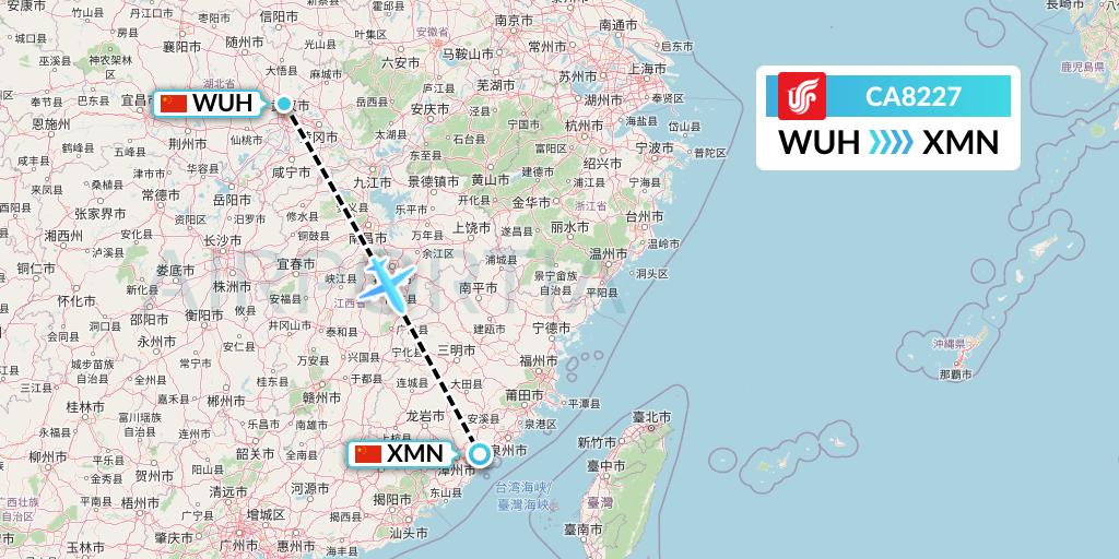 CA8227 Air China Flight Map: Wuhan to Xiamen