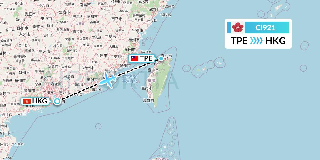 CI921 China Airlines Flight Map: Taipei to Hong Kong