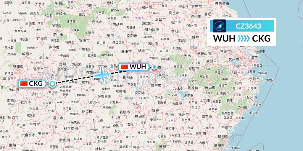 CZ3643 China Southern Airlines Flight Map: Wuhan to Chongqing
