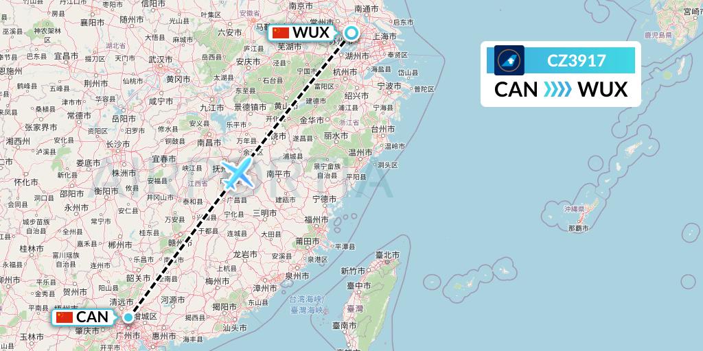 CZ3917 China Southern Airlines Flight Map: Guangzhou to Wuxi