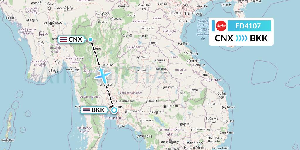 FD4107 Thai AirAsia Flight Map: Chiang Mai to Bangkok