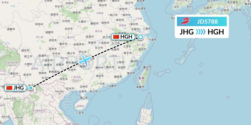 JD5788 Capital Airlines Flight Map: Jinghong to Hangzhou