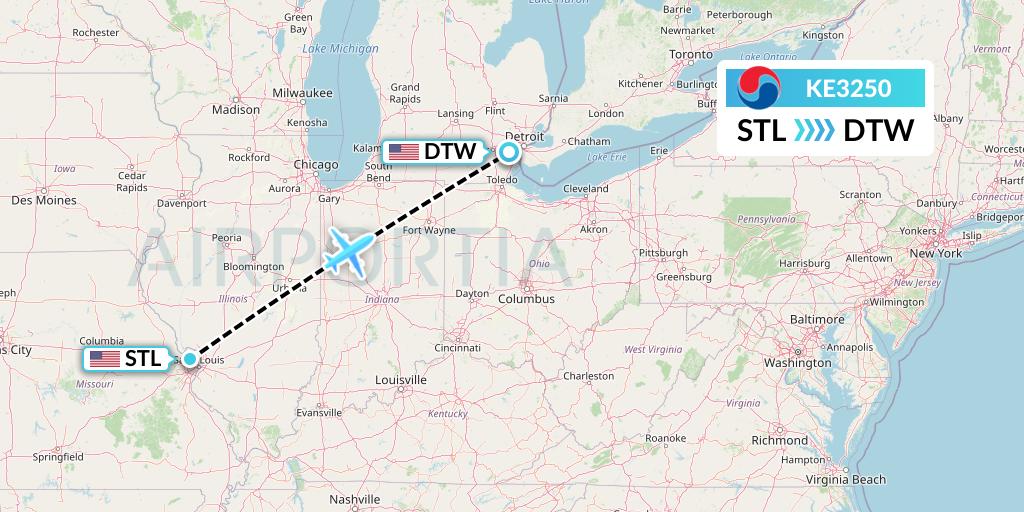 KE3250 Korean Air Flight Map: St. Louis to Detroit