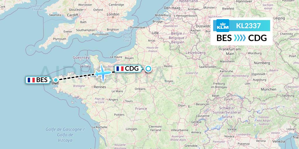 KL2337 KLM Flight Map: Brest to Paris