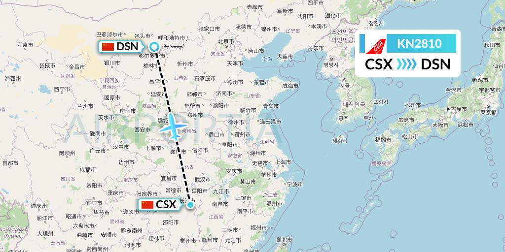 KN2810 China United Airlines Flight Map: Changsha to Dongsheng