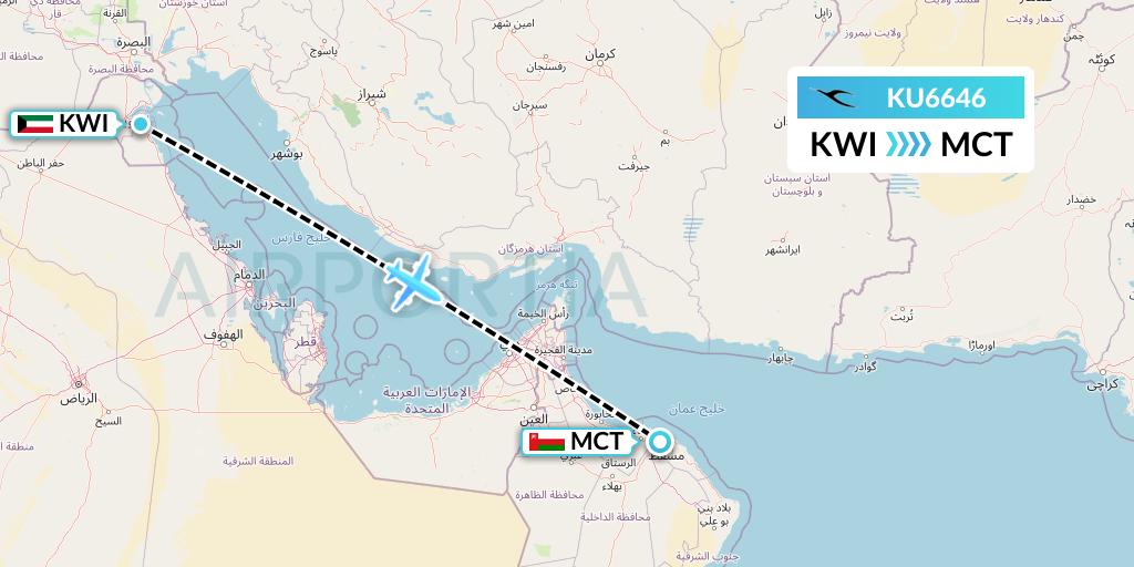 KU6646 Kuwait Airways Flight Map: Kuwait City to Muscat