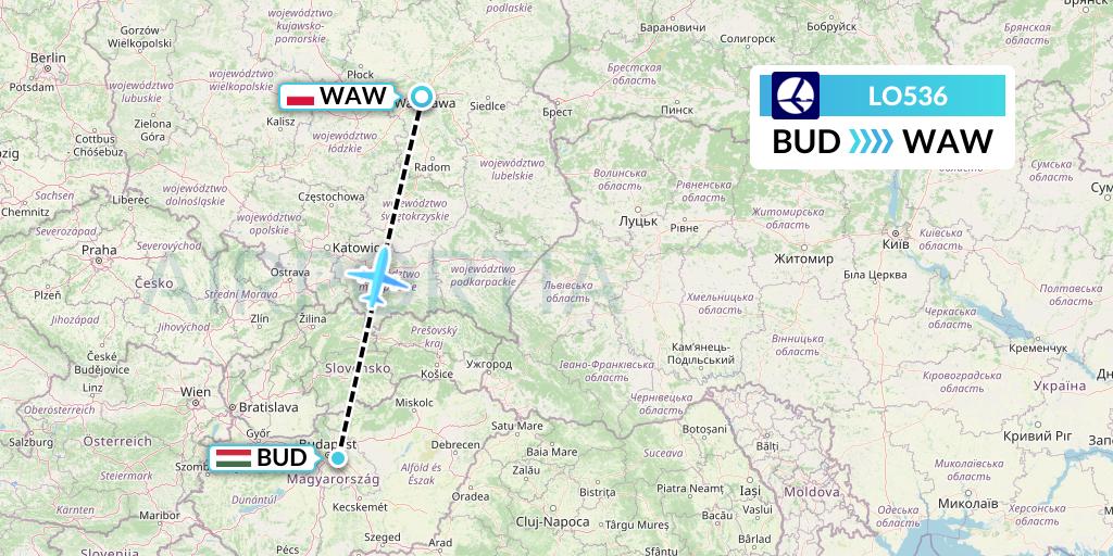 LO536 LOT Flight Map: Budapest to Warsaw