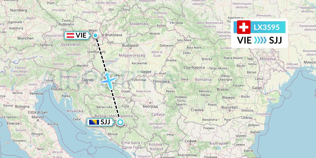 LX3595 Swiss Flight Map: Vienna to Sarajevo