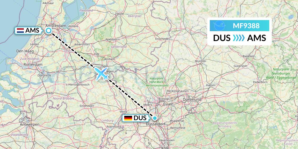 MF9388 Xiamen Airlines Flight Map: Dusseldorf to Amsterdam