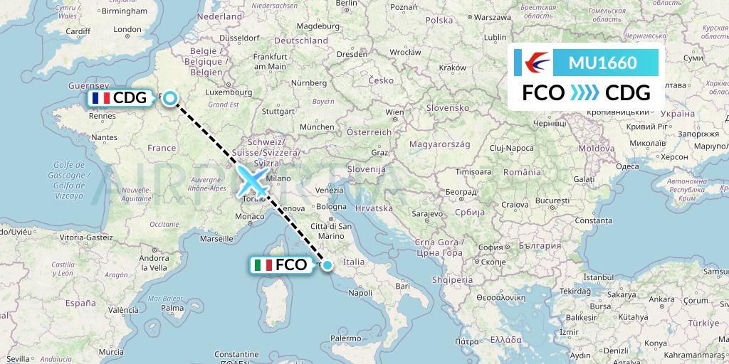 MU1660 China Eastern Airlines Flight Map: Rome to Paris