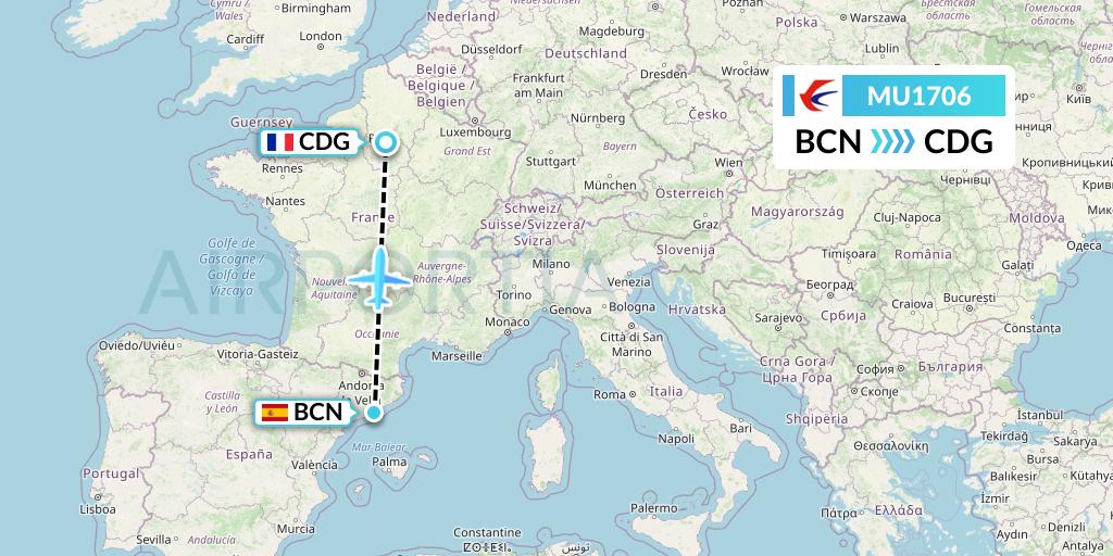MU1706 China Eastern Airlines Flight Map: Barcelona to Paris