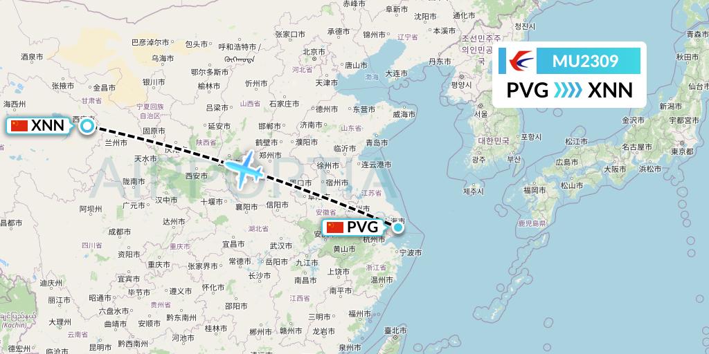 MU2309 China Eastern Airlines Flight Map: Shanghai to Xining