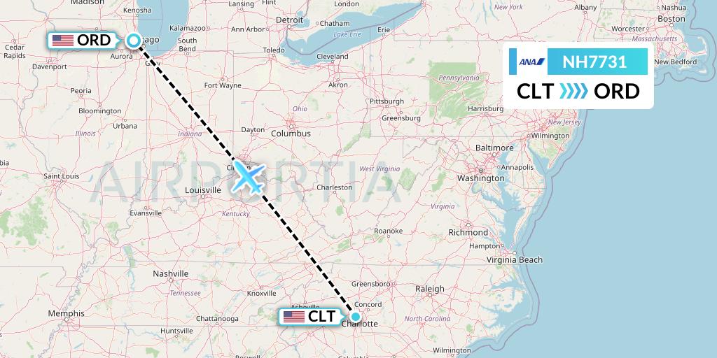 NH7731 All Nippon Airways Flight Map: Charlotte to Chicago
