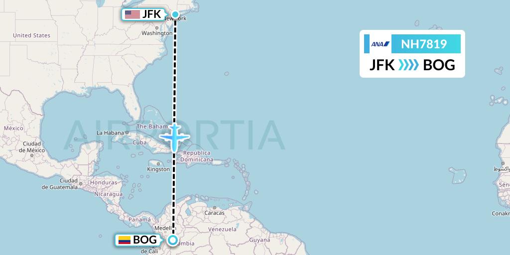 NH7819 All Nippon Airways Flight Map: New York to Bogota